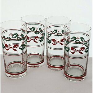 4 Holly & Red Bow Christmas Highball Glasses Tumblers 5.5" holiday Brazil 12oz